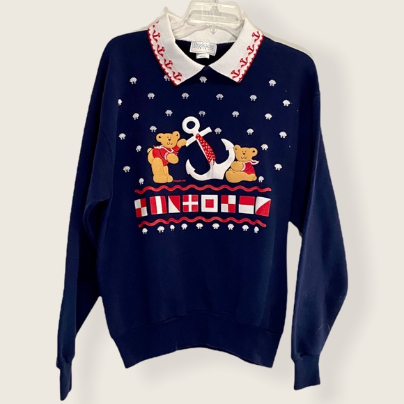 Vintage 90's Collared Sweatshirt Teddy Bear Anchor Sz M - Picture 1 of 9